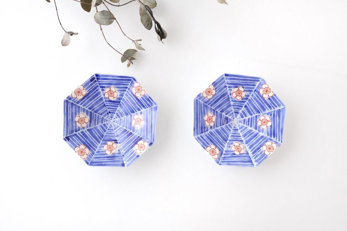 Octagonal Sauce Plate Red Plum on Blue Background | Arita Ware