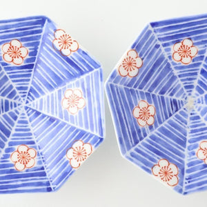 Octagonal Sauce Plate Red Plum on Blue Background | Arita Ware