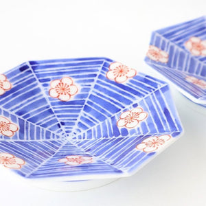 Octagonal Sauce Plate Red Plum on Blue Background | Arita Ware