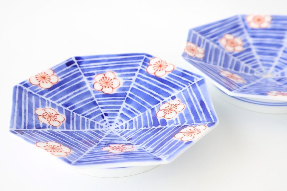 Octagonal Sauce Plate Red Plum on Blue Background | Arita Ware