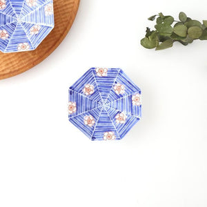 Octagonal Sauce Plate Red Plum on Blue Background | Arita Ware