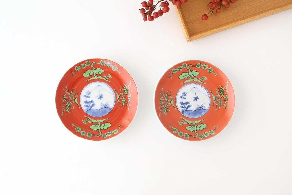 Round Sauce Plate Shochikubai and Mt.fuji | Arita Ware