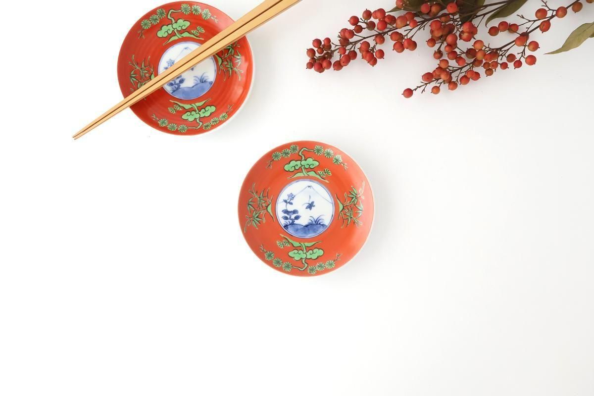 Round Sauce Plate Shochikubai and Mt.fuji | Arita Ware