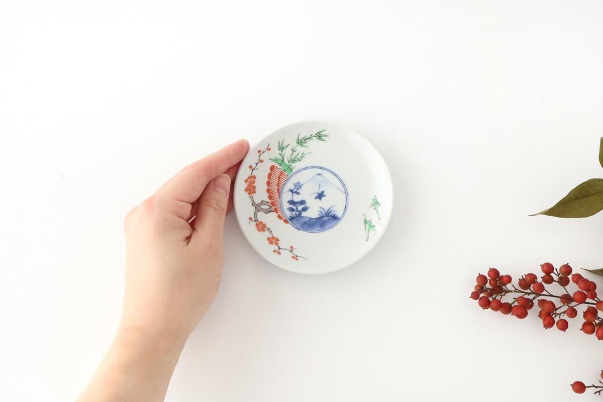Round Sauce Plate Plum,Warbler and Mt.fuji | Arita Ware