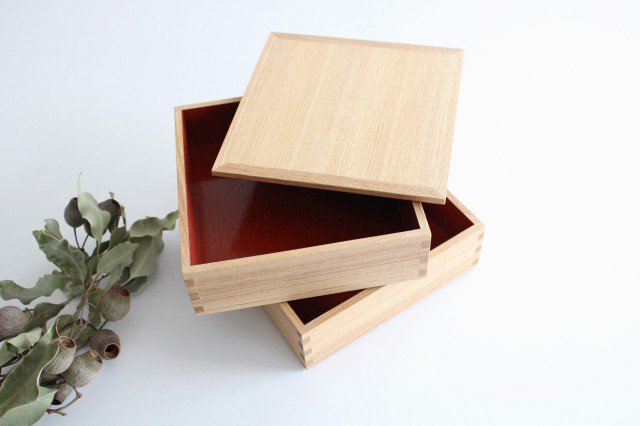 Matsuya Lacquerware Store Two-tiered Jyubako Bento Box Inner Vermilion 18cm/7.1in Unpainted Ash