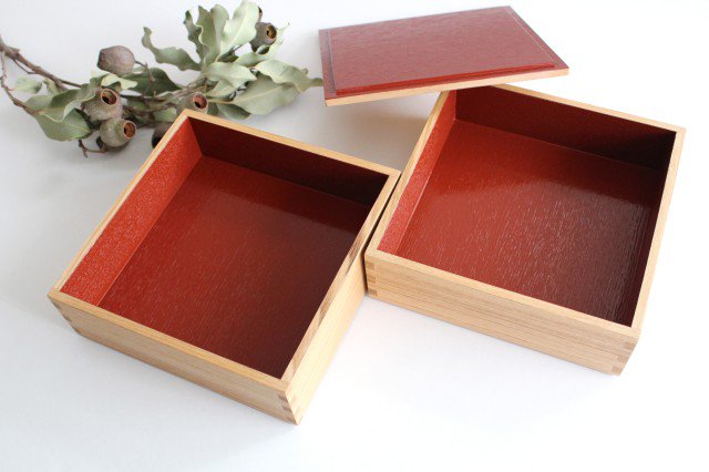 Matsuya Lacquerware Store Two-tiered Jyubako Bento Box Inner Vermilion 18cm/7.1in Unpainted Ash