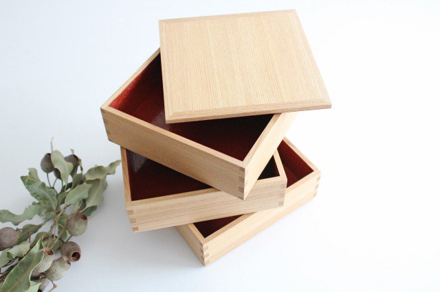 Matsuya Lacquerware Store Three-tiered Jyubako Bento Box Inner Vermilion 18cm/7.1in Unpainted Ash