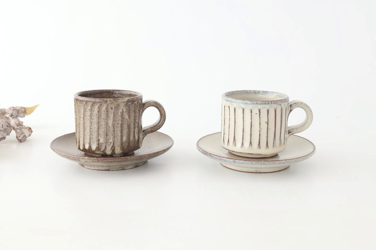 Cup and Saucer Ash Glaze Carving  | Shigaraki Ware