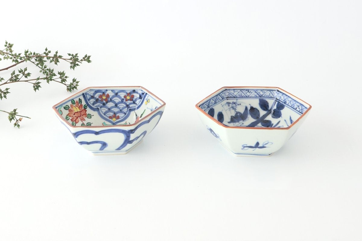 Small Hexagonal Bowl Flower and Birds｜Kobachi Hasami Ware